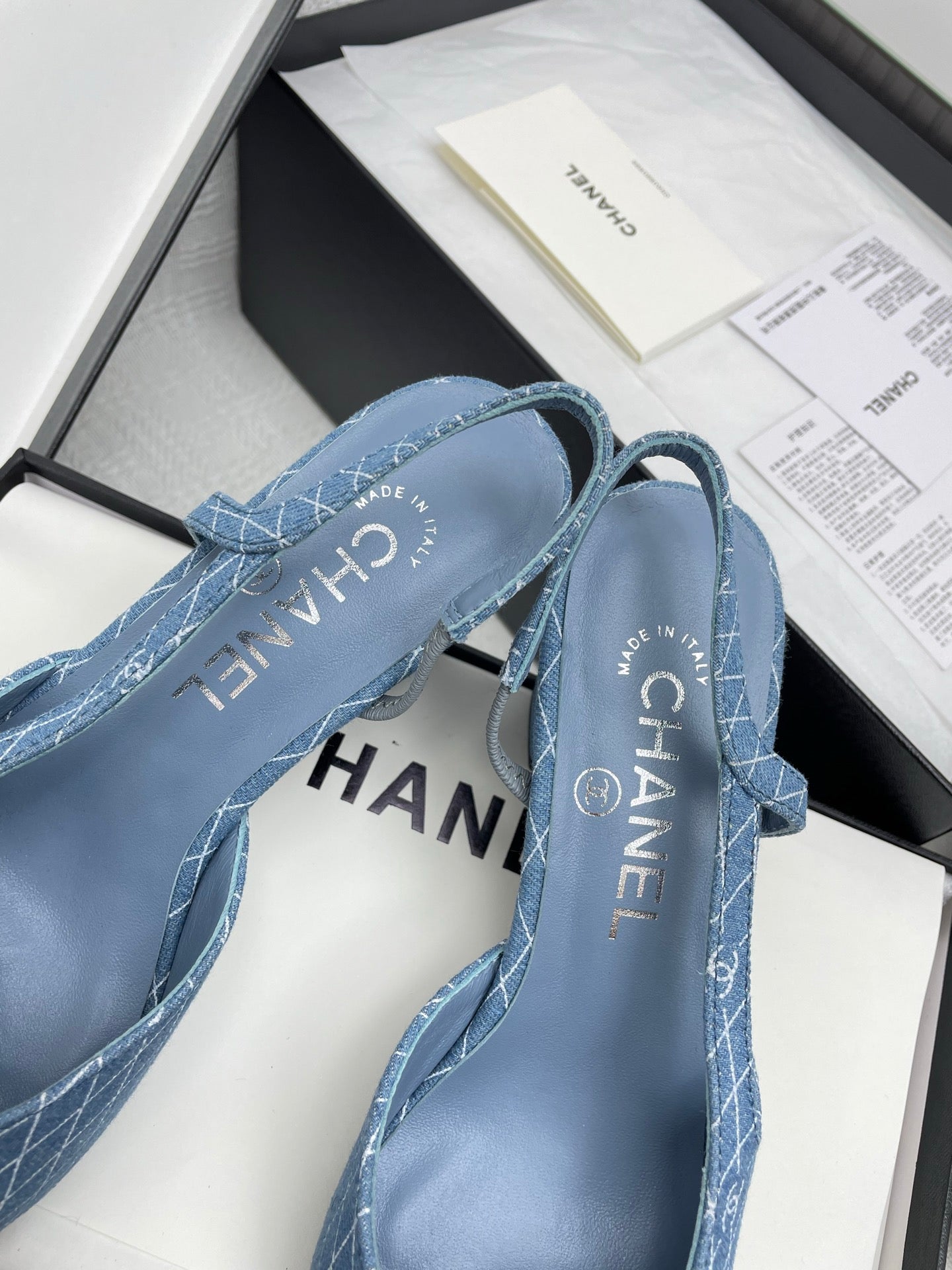 CC SLINGBACK 25S 65 MM IN BLUE DENIM WITH PLAID PATTERN - 35