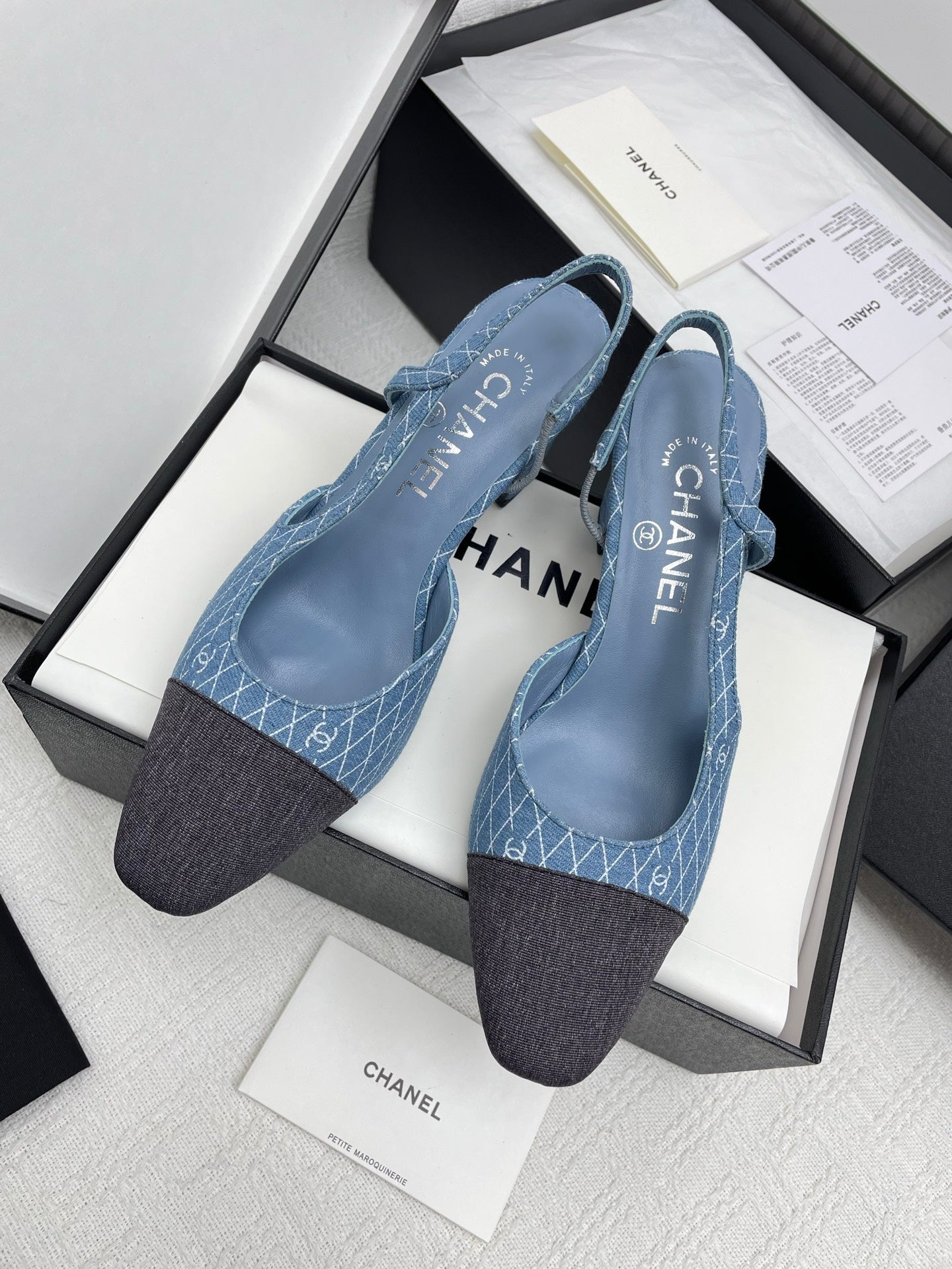 CC SLINGBACK 25S 65 MM IN BLUE DENIM WITH PLAID PATTERN - 35