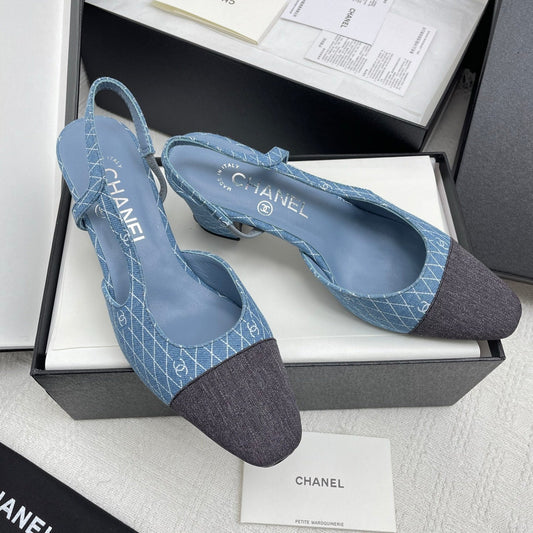 CC SLINGBACK 25S 65 MM IN BLUE DENIM WITH PLAID PATTERN - 35
