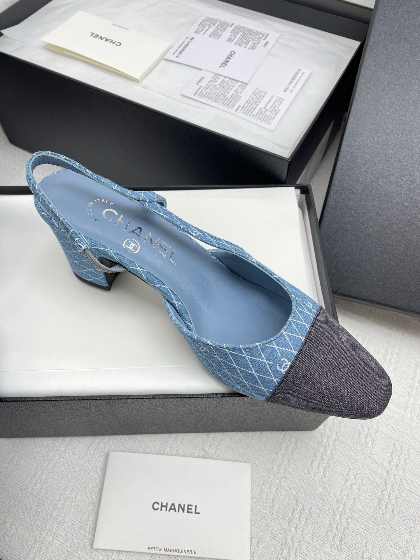 CC SLINGBACK 25S 65 MM IN BLUE DENIM WITH PLAID PATTERN - 35