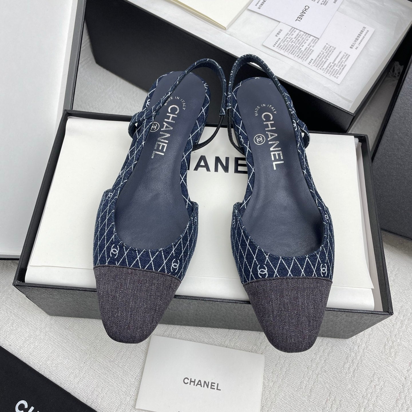 CC SLINGBACK 25S 25 MM IN NAVY BLUE DENIM WITH PLAID PATTERN - 35
