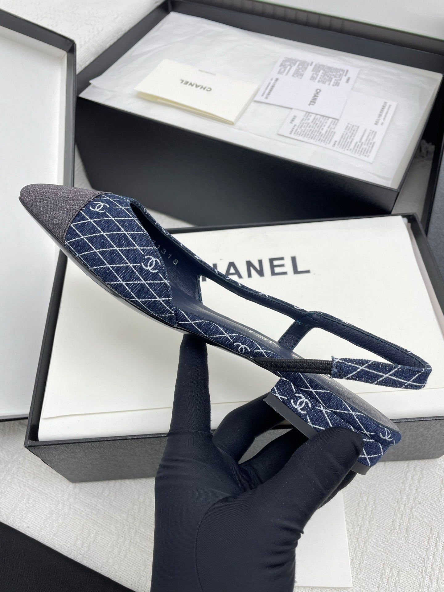 CC SLINGBACK 25S 25 MM IN NAVY BLUE DENIM WITH PLAID PATTERN - 35