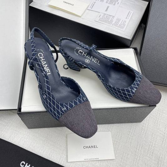 CC SLINGBACK 25S 65 MM IN NAVY BLUE DENIM WITH PLAID PATTERN - 35