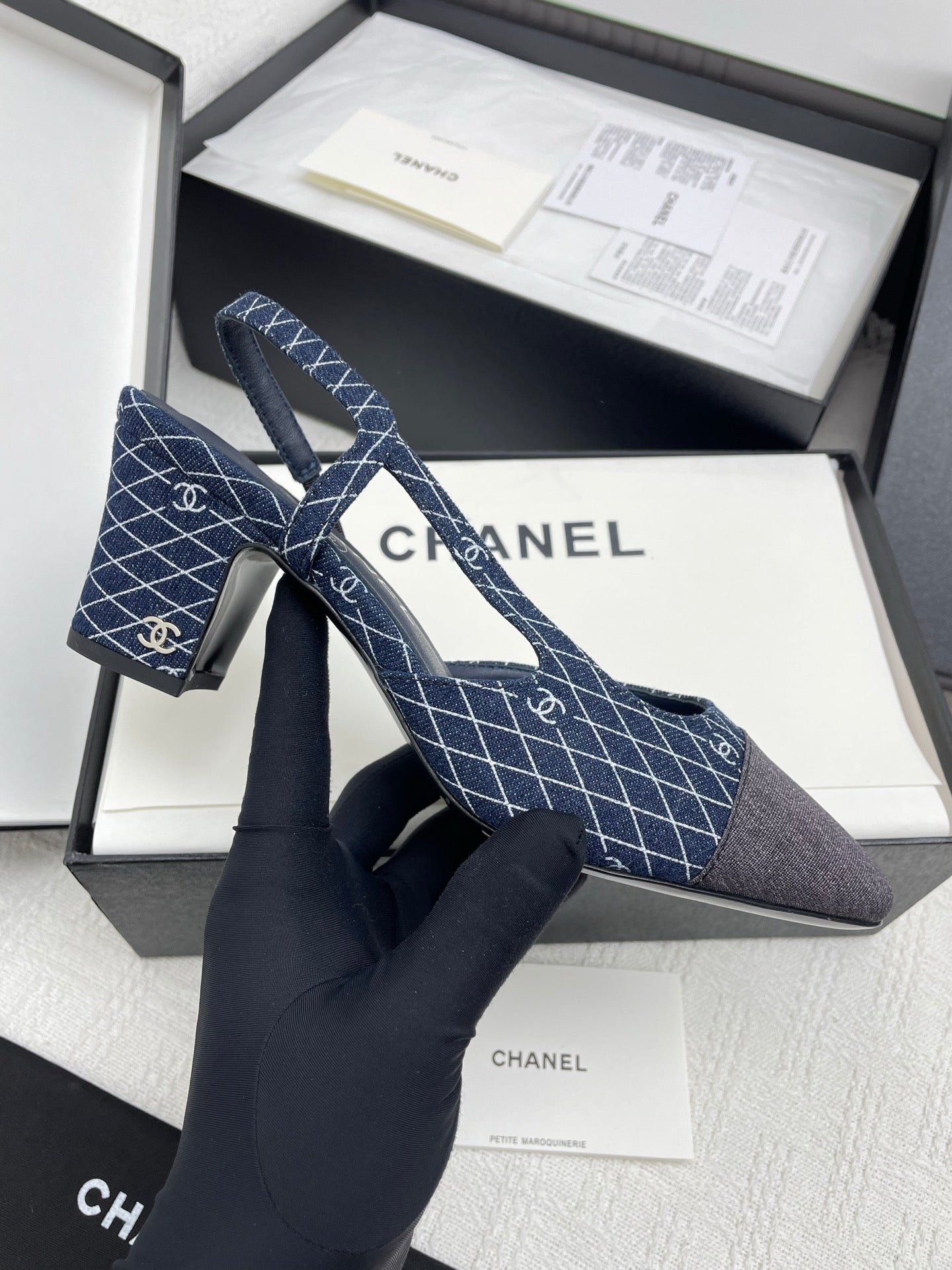 CC SLINGBACK 25S 65 MM IN NAVY BLUE DENIM WITH PLAID PATTERN - 35