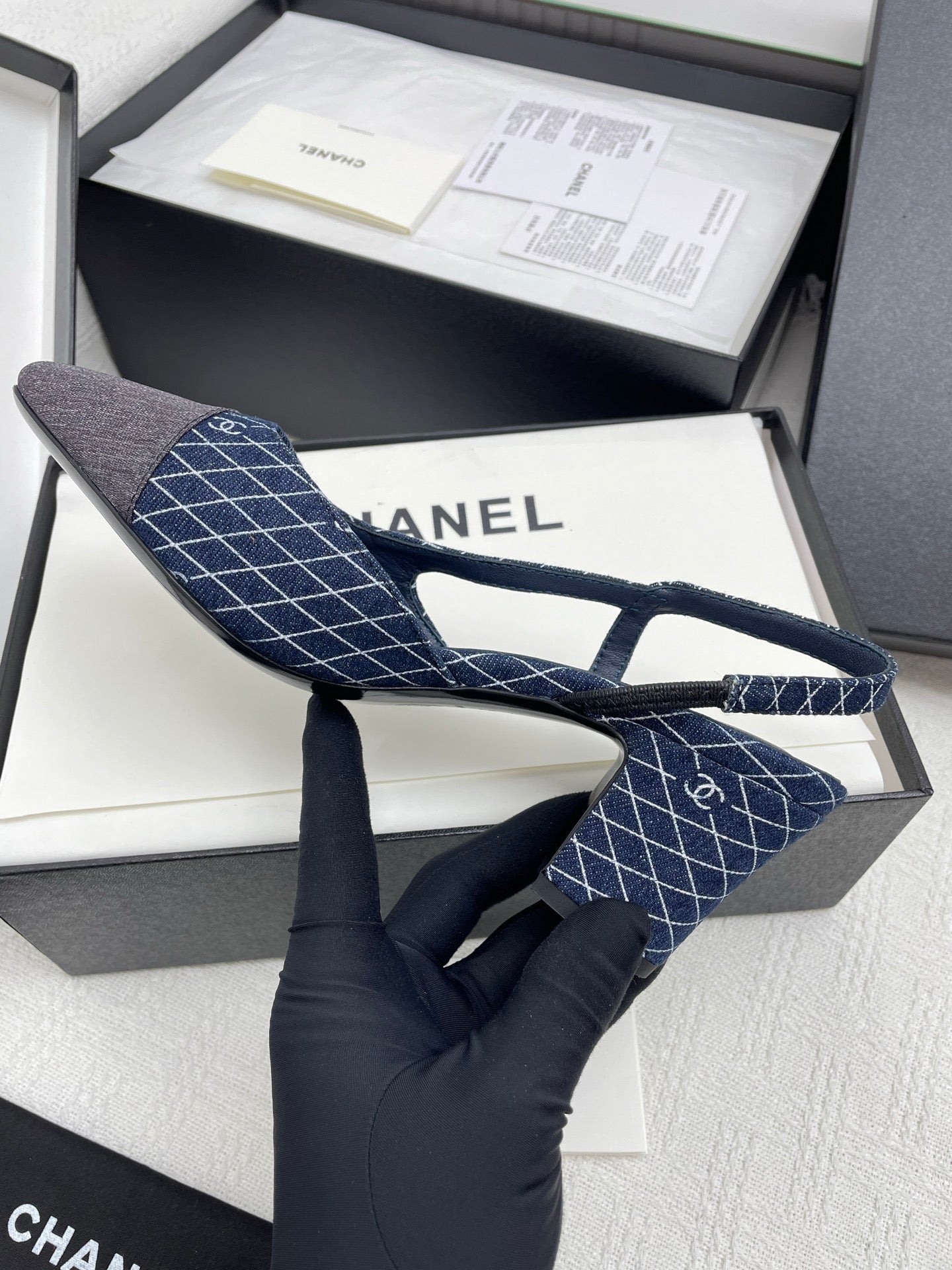 CC SLINGBACK 25S 65 MM IN NAVY BLUE DENIM WITH PLAID PATTERN - 35