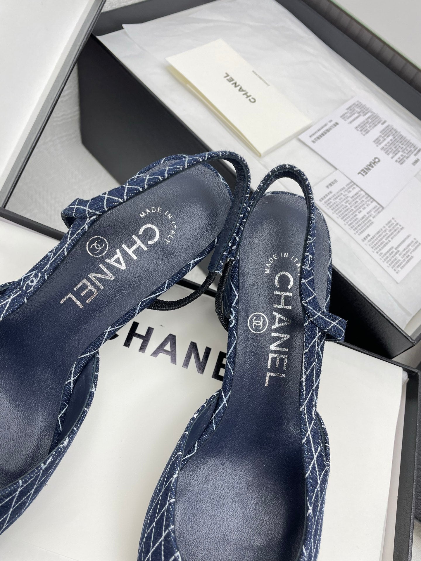 CC SLINGBACK 25S 65 MM IN NAVY BLUE DENIM WITH PLAID PATTERN - 35