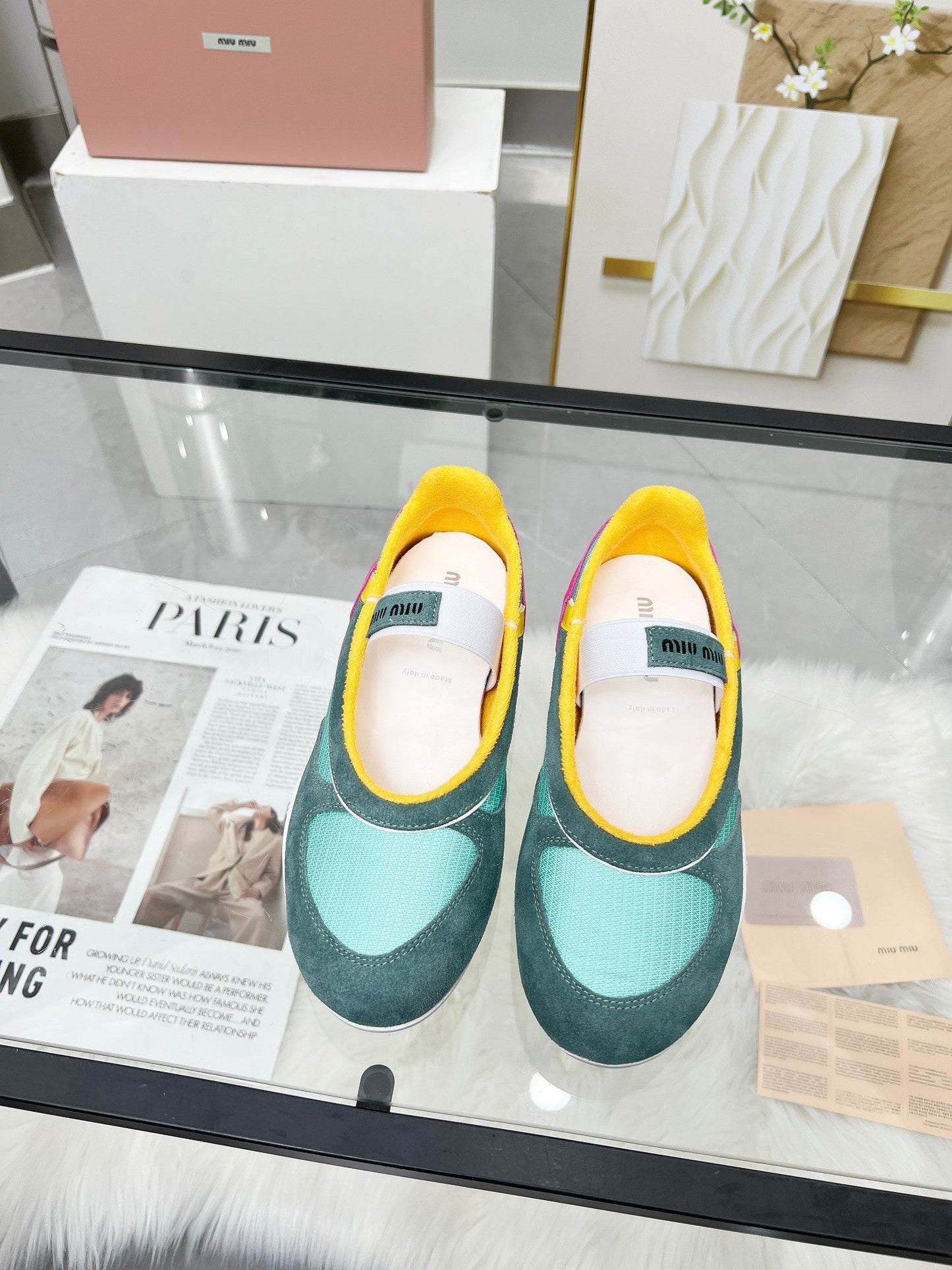 GYMNASIUM BALLERINAS IN GREEN PINK YELLOW TECHNICAL FABRIC AND SUEDE - 35