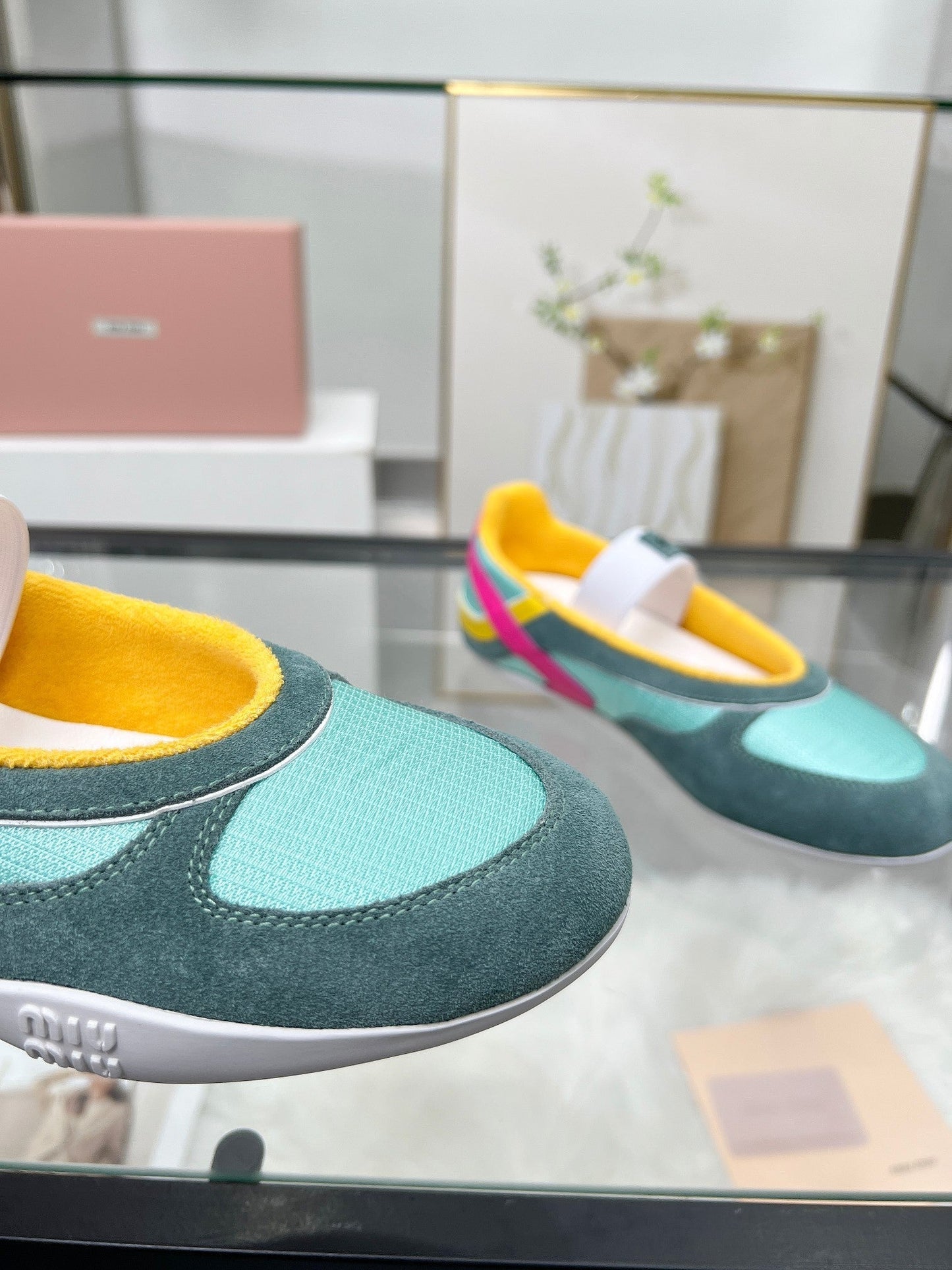 GYMNASIUM BALLERINAS IN GREEN PINK YELLOW TECHNICAL FABRIC AND SUEDE - 35
