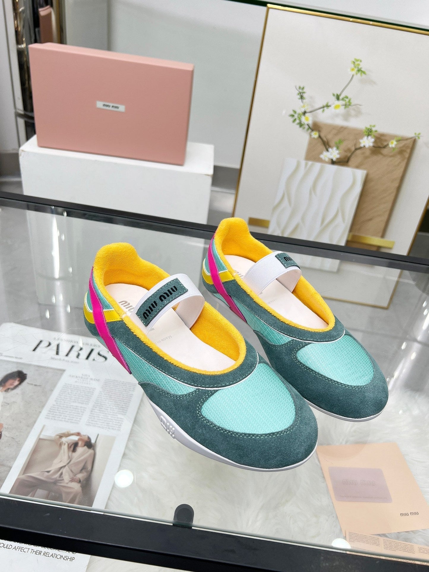 GYMNASIUM BALLERINAS IN GREEN PINK YELLOW TECHNICAL FABRIC AND SUEDE - 35
