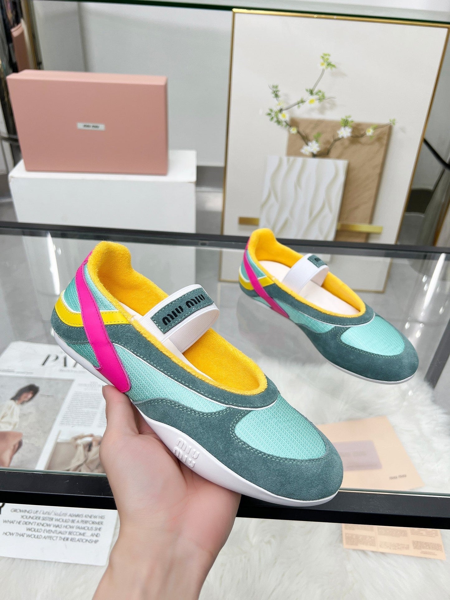 GYMNASIUM BALLERINAS IN GREEN PINK YELLOW TECHNICAL FABRIC AND SUEDE - 35