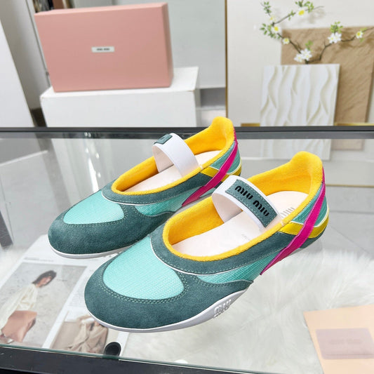 GYMNASIUM BALLERINAS IN GREEN PINK YELLOW TECHNICAL FABRIC AND SUEDE - 35