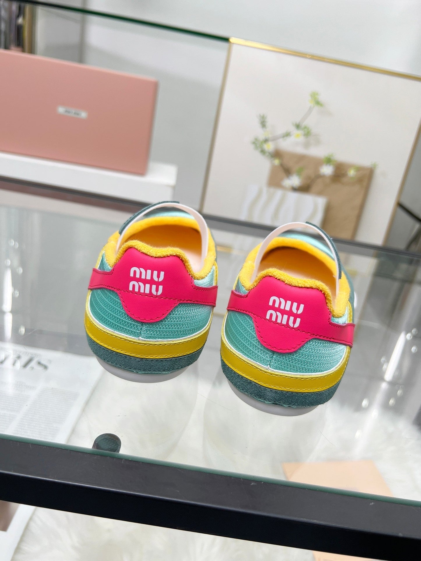 GYMNASIUM BALLERINAS IN GREEN PINK YELLOW TECHNICAL FABRIC AND SUEDE - 35