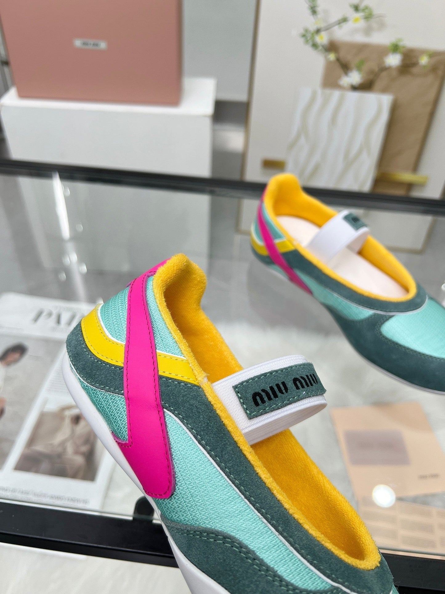 GYMNASIUM BALLERINAS IN GREEN PINK YELLOW TECHNICAL FABRIC AND SUEDE - 35