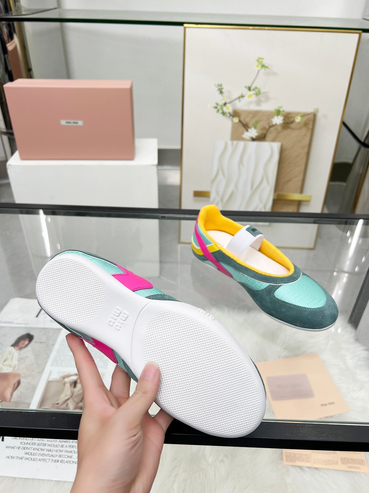 GYMNASIUM BALLERINAS IN GREEN PINK YELLOW TECHNICAL FABRIC AND SUEDE - 35