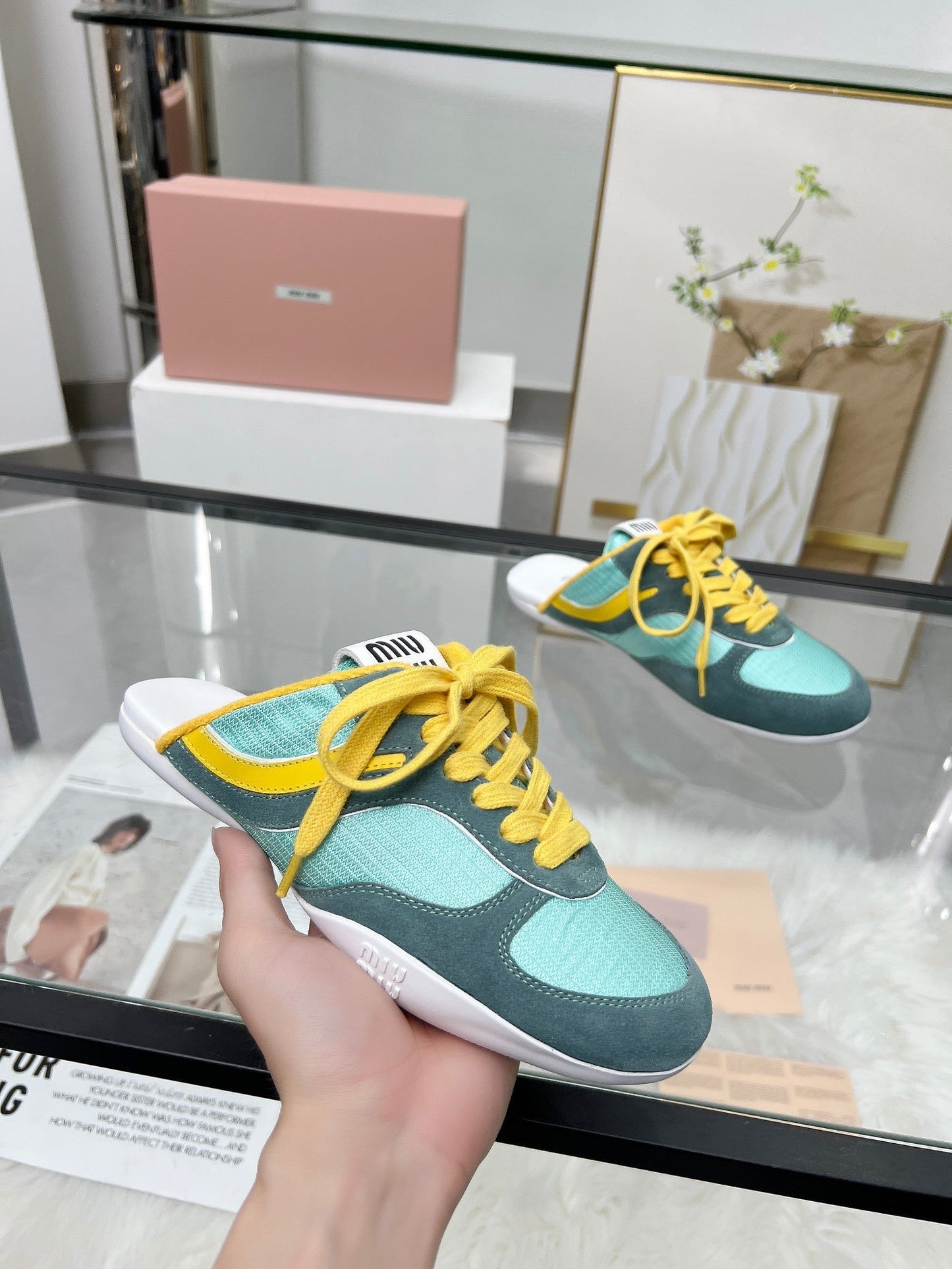 GYMNASIUM SNEAKERS MULES PERSIAN SUEDE AND DARK GREEN TECHNICAL FABRIC - 35