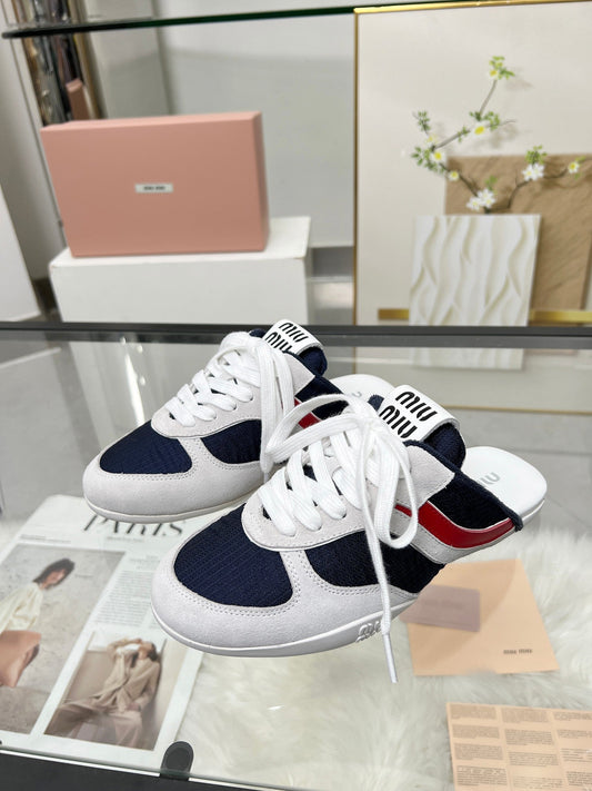 GYMNASIUM SNEAKERS MULES IN OFF WHITE SUEDE AND NAVY BLUE TECHNICAL FABRIC - 35