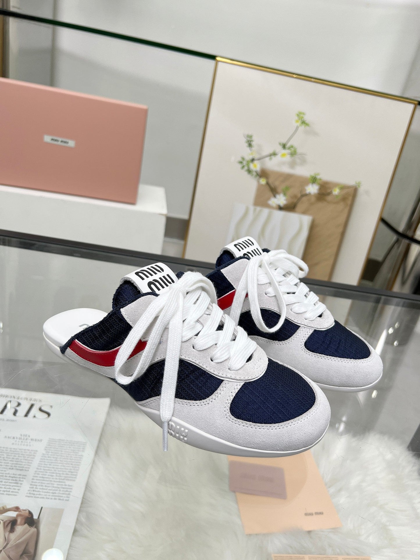 GYMNASIUM SNEAKERS MULES IN OFF WHITE SUEDE AND NAVY BLUE TECHNICAL FABRIC - 35