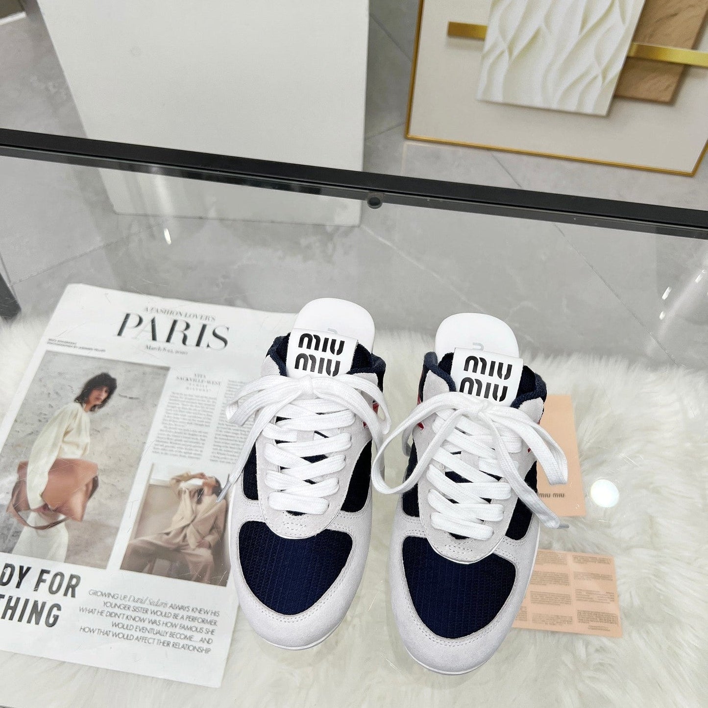 GYMNASIUM SNEAKERS MULES IN OFF WHITE SUEDE AND NAVY BLUE TECHNICAL FABRIC - 35