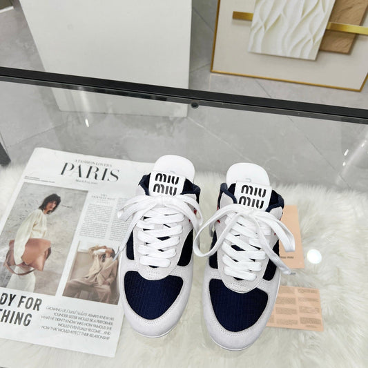 GYMNASIUM SNEAKERS MULES IN OFF WHITE SUEDE AND NAVY BLUE TECHNICAL FABRIC - 35
