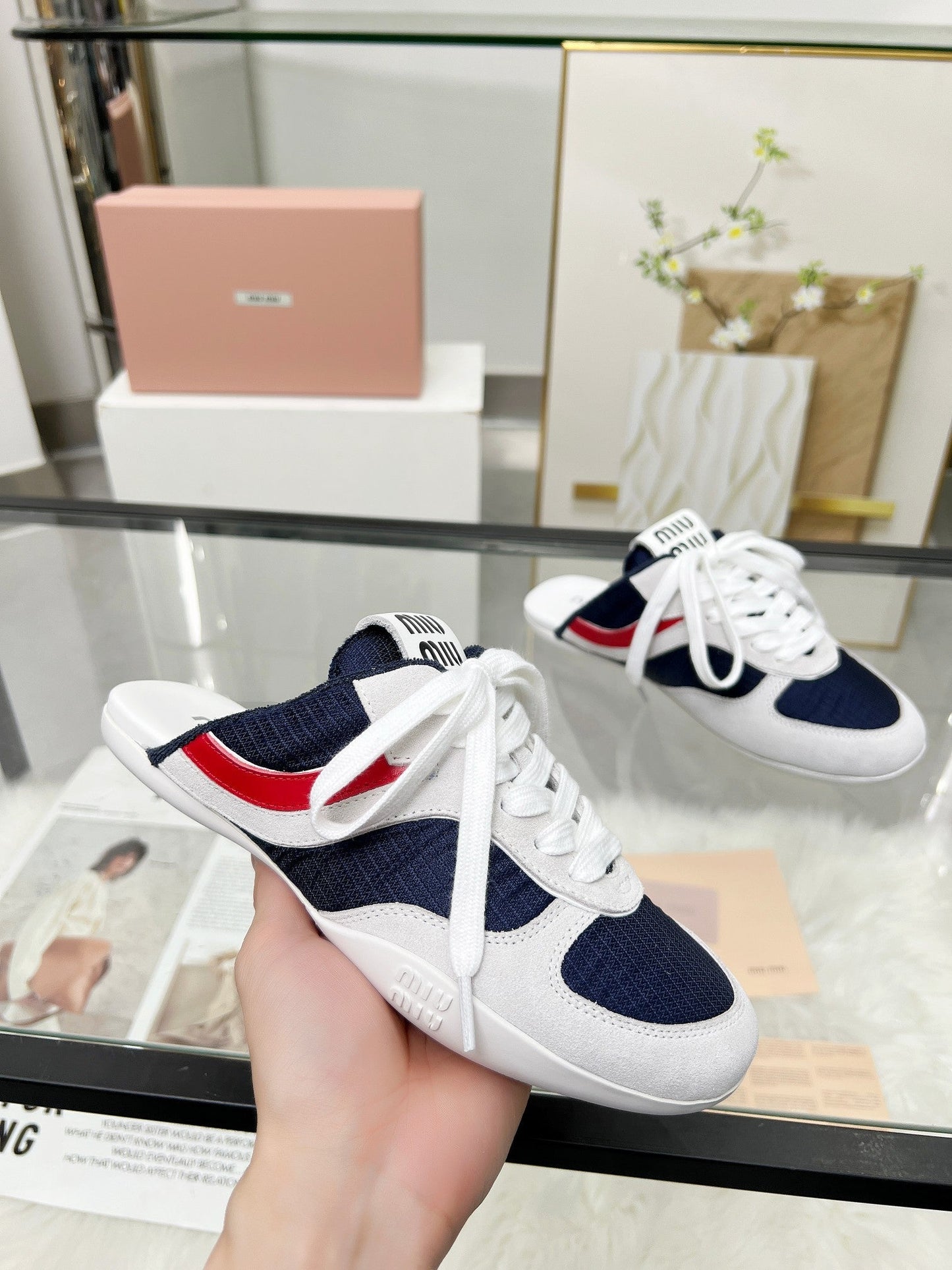 GYMNASIUM SNEAKERS MULES IN OFF WHITE SUEDE AND NAVY BLUE TECHNICAL FABRIC - 35