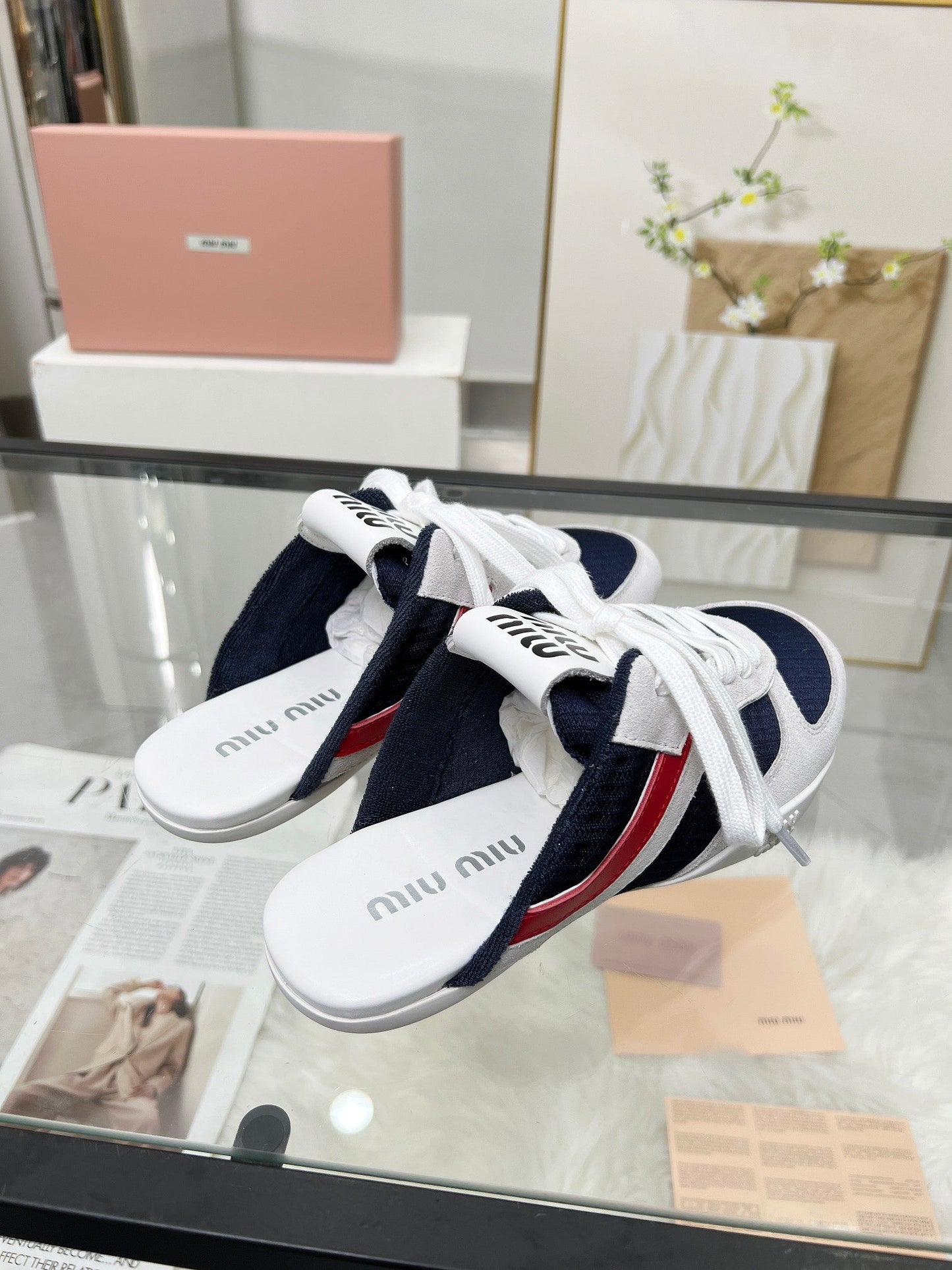 GYMNASIUM SNEAKERS MULES IN OFF WHITE SUEDE AND NAVY BLUE TECHNICAL FABRIC - 35