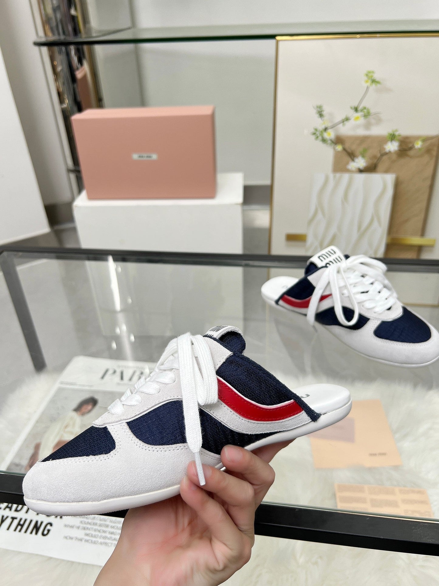 GYMNASIUM SNEAKERS MULES IN OFF WHITE SUEDE AND NAVY BLUE TECHNICAL FABRIC - 35