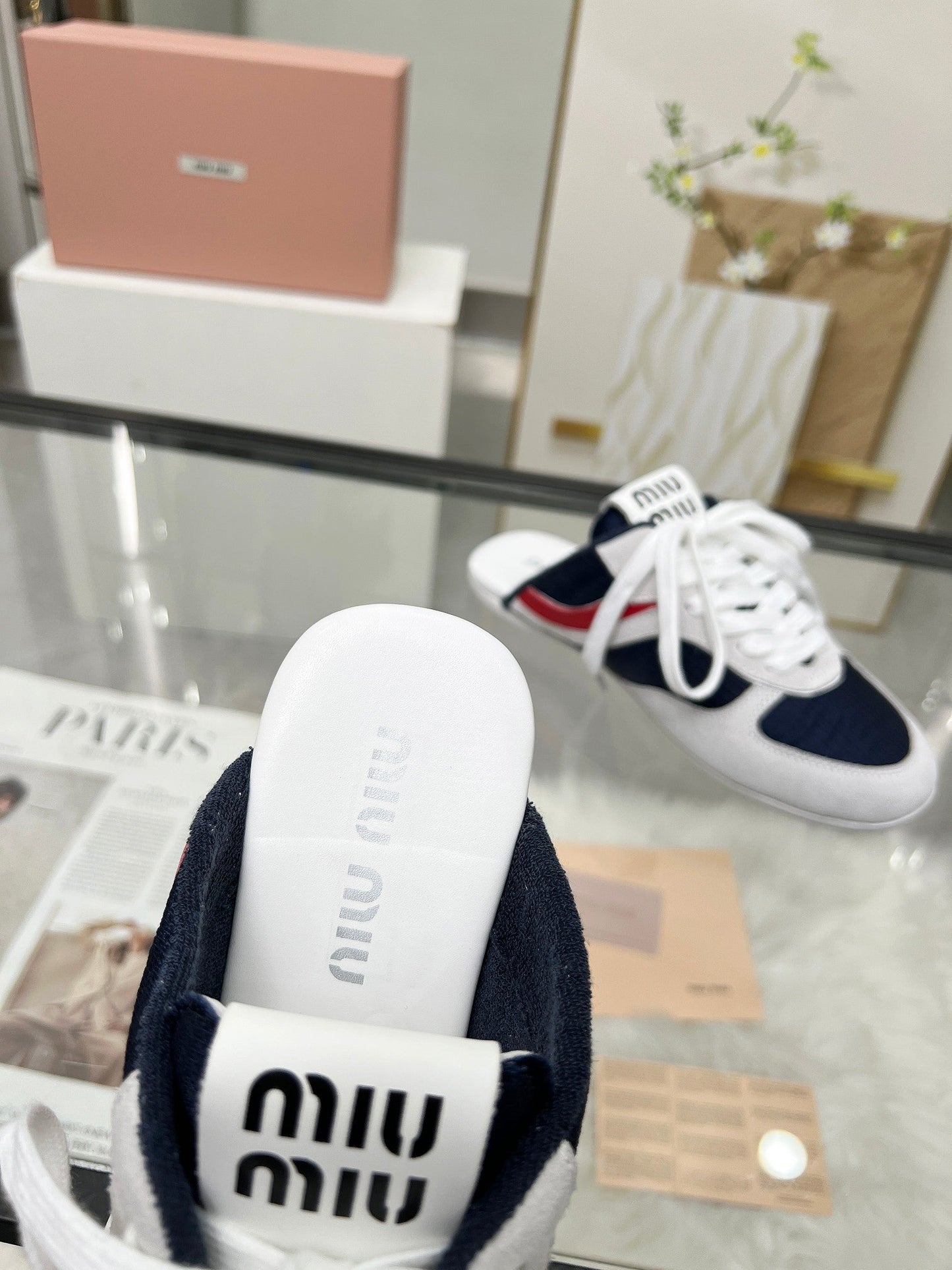 GYMNASIUM SNEAKERS MULES IN OFF WHITE SUEDE AND NAVY BLUE TECHNICAL FABRIC - 35