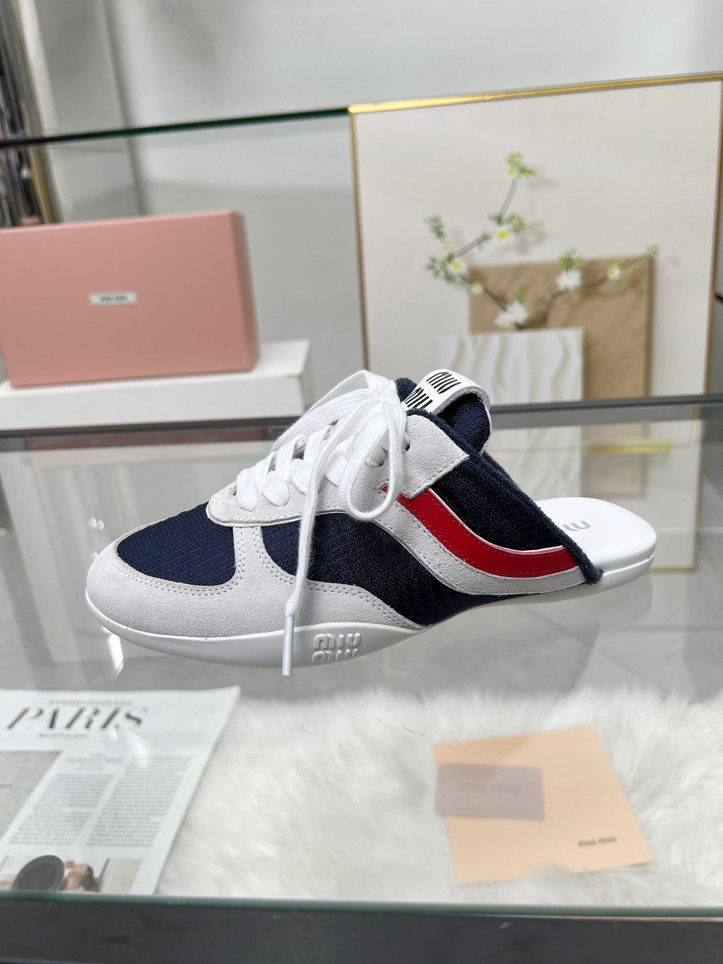 GYMNASIUM SNEAKERS MULES IN OFF WHITE SUEDE AND NAVY BLUE TECHNICAL FABRIC - 35