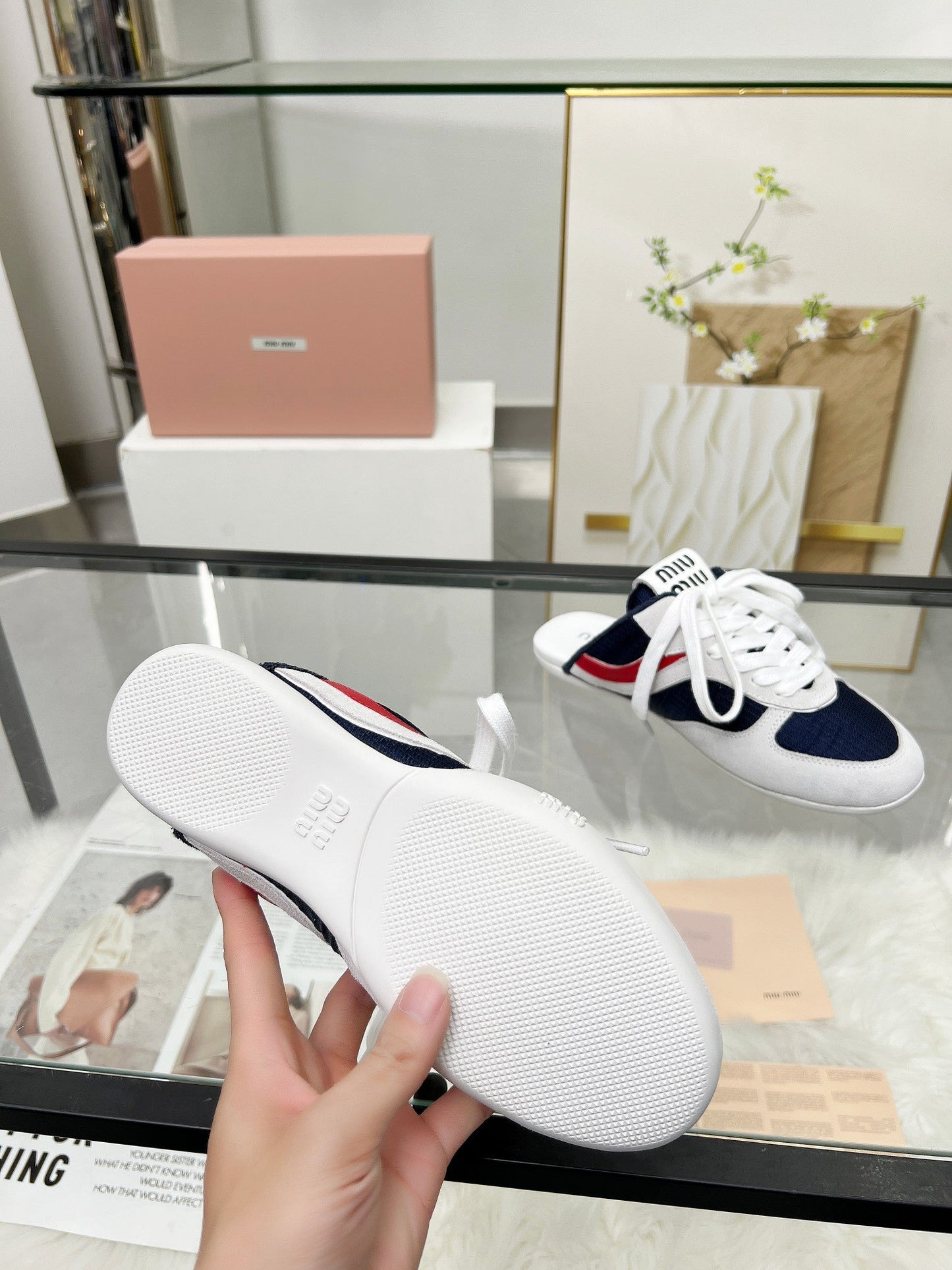 GYMNASIUM SNEAKERS MULES IN OFF WHITE SUEDE AND NAVY BLUE TECHNICAL FABRIC - 35