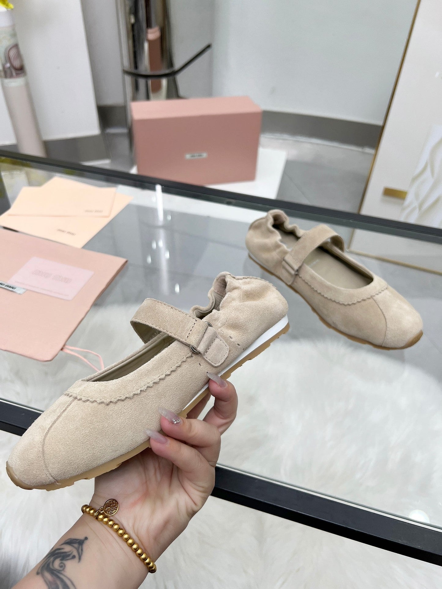 RUCHES NAPPA BALLERINAS IN BEIGE SUEDE - 35