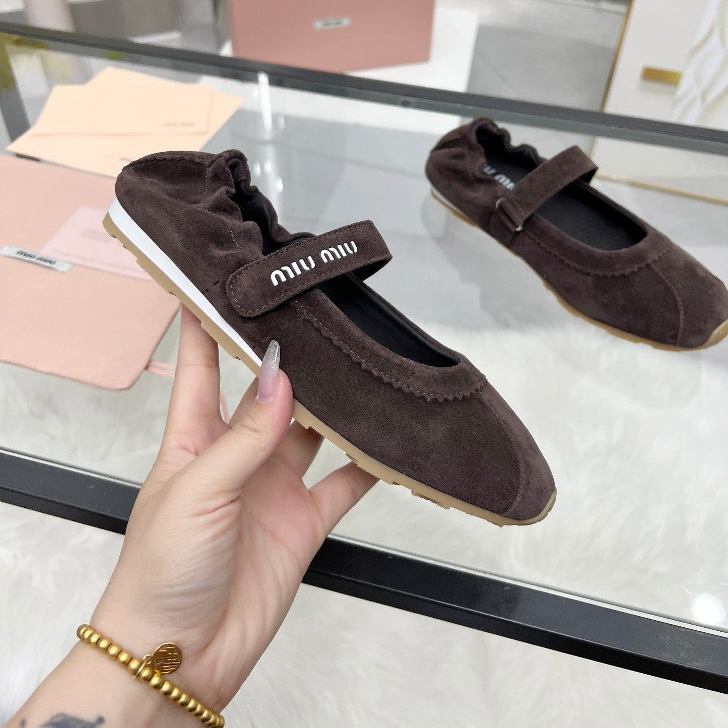RUCHES NAPPA BALLERINAS IN DARK BROWN SUEDE - 35