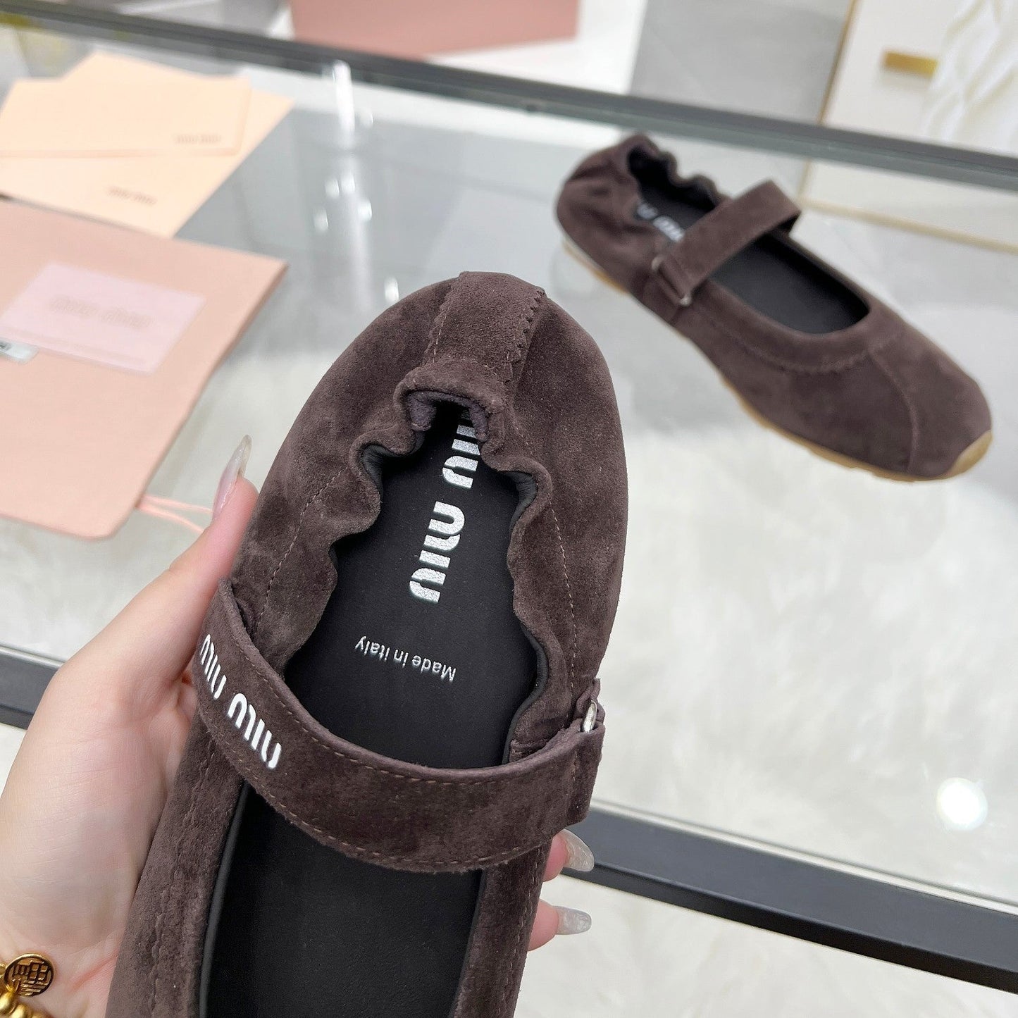 RUCHES NAPPA BALLERINAS IN DARK BROWN SUEDE - 35