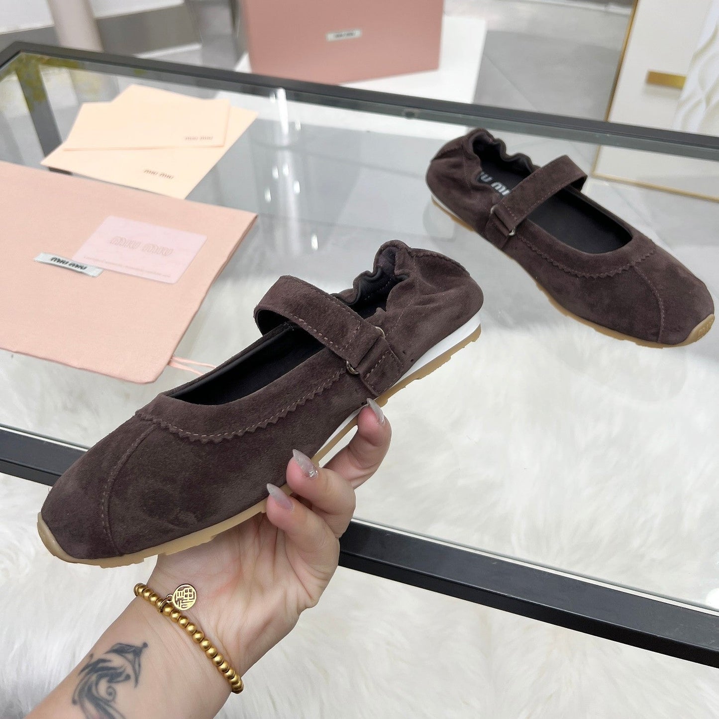 RUCHES NAPPA BALLERINAS IN DARK BROWN SUEDE - 35