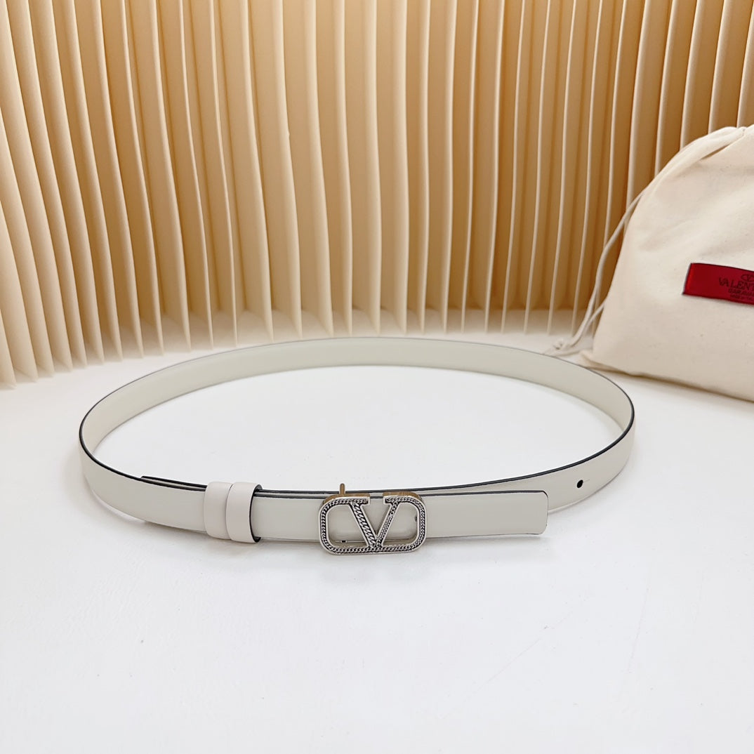 Vlogo Buckle Water Wave Silver Copper Glossy White Leather 20mm Belt - 30