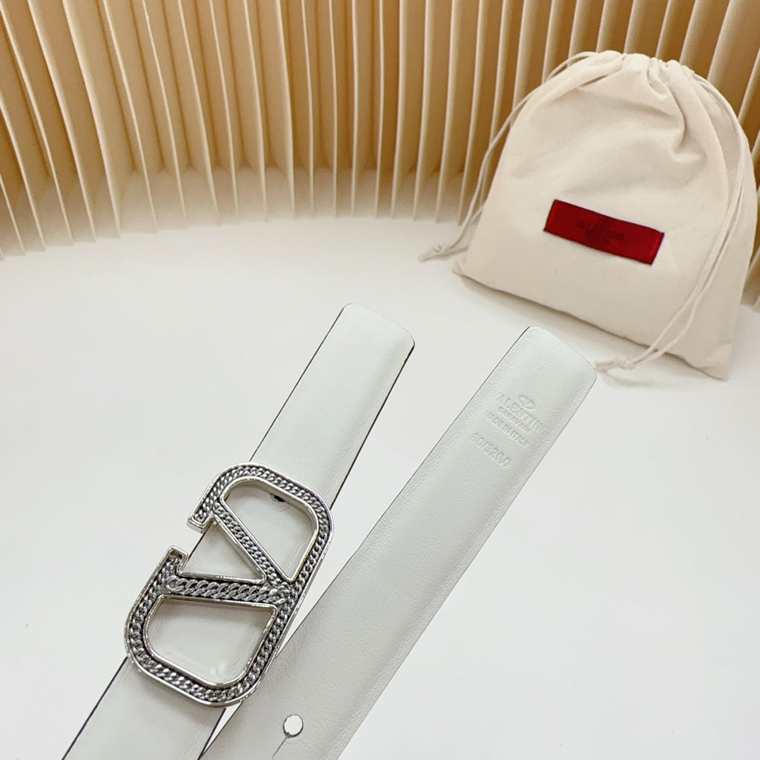 Vlogo Buckle Water Wave Silver Copper Glossy White Leather 20mm Belt - 30