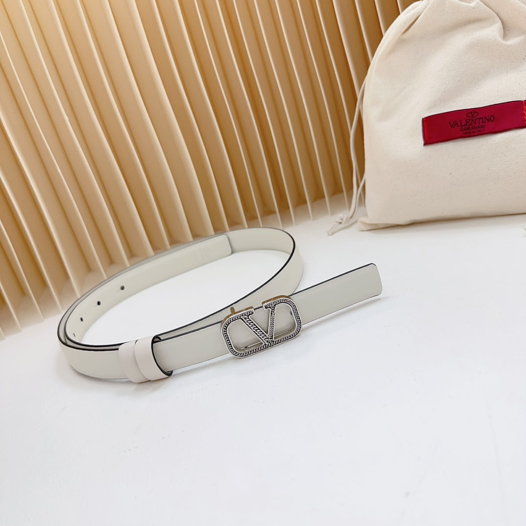 Vlogo Buckle Water Wave Silver Copper Glossy White Leather 20mm Belt - 30