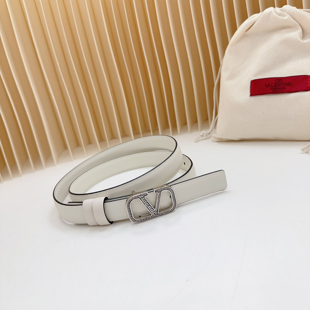 Vlogo Buckle Water Wave Silver Copper Glossy White Leather 20mm Belt - 30