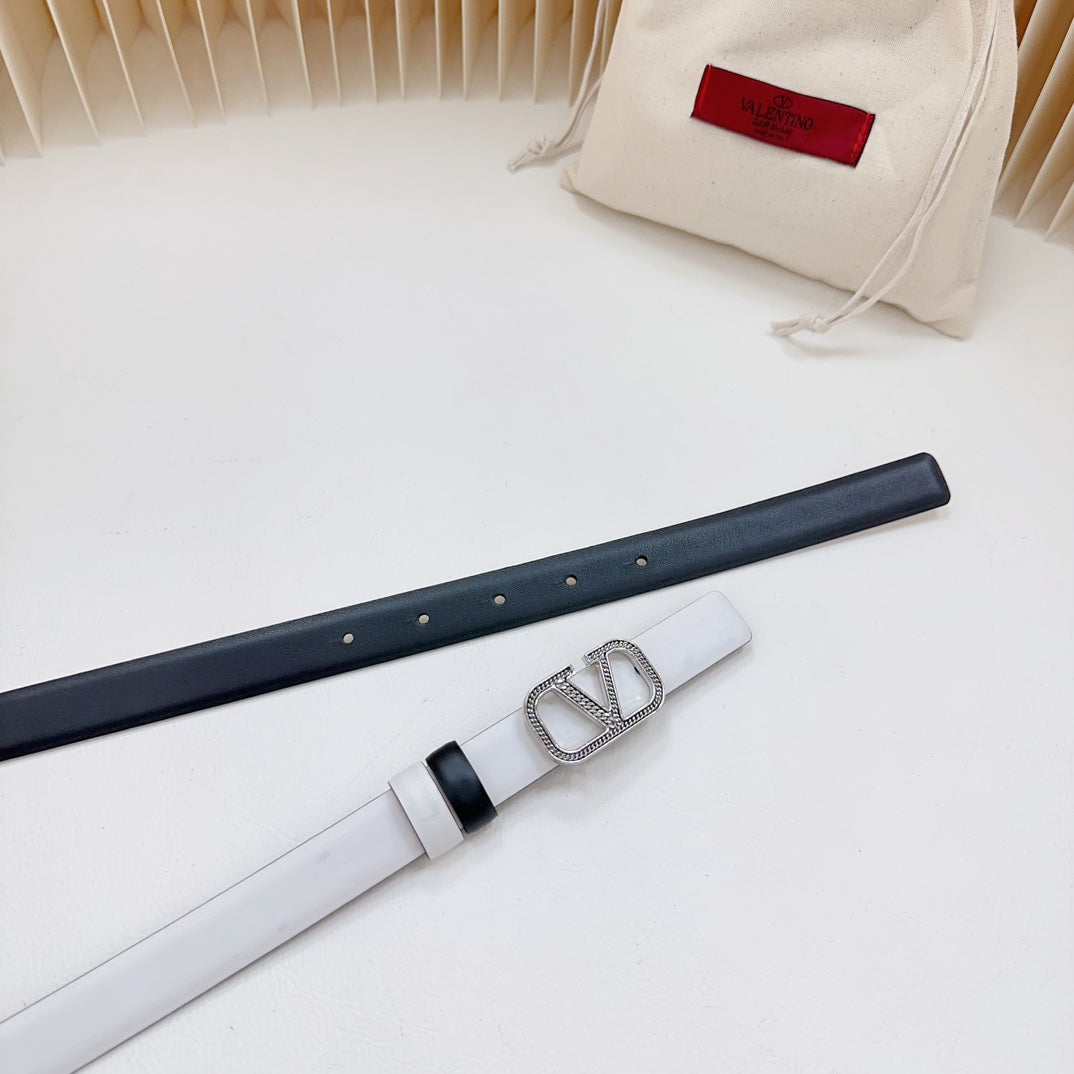 Vlogo Buckle Water Wave Silver Copper Glossy White Black Leather 20mm Belt - 30