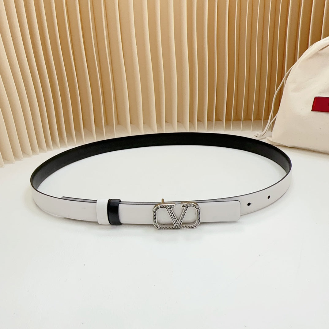 Vlogo Buckle Water Wave Silver Copper Glossy White Black Leather 20mm Belt - 30