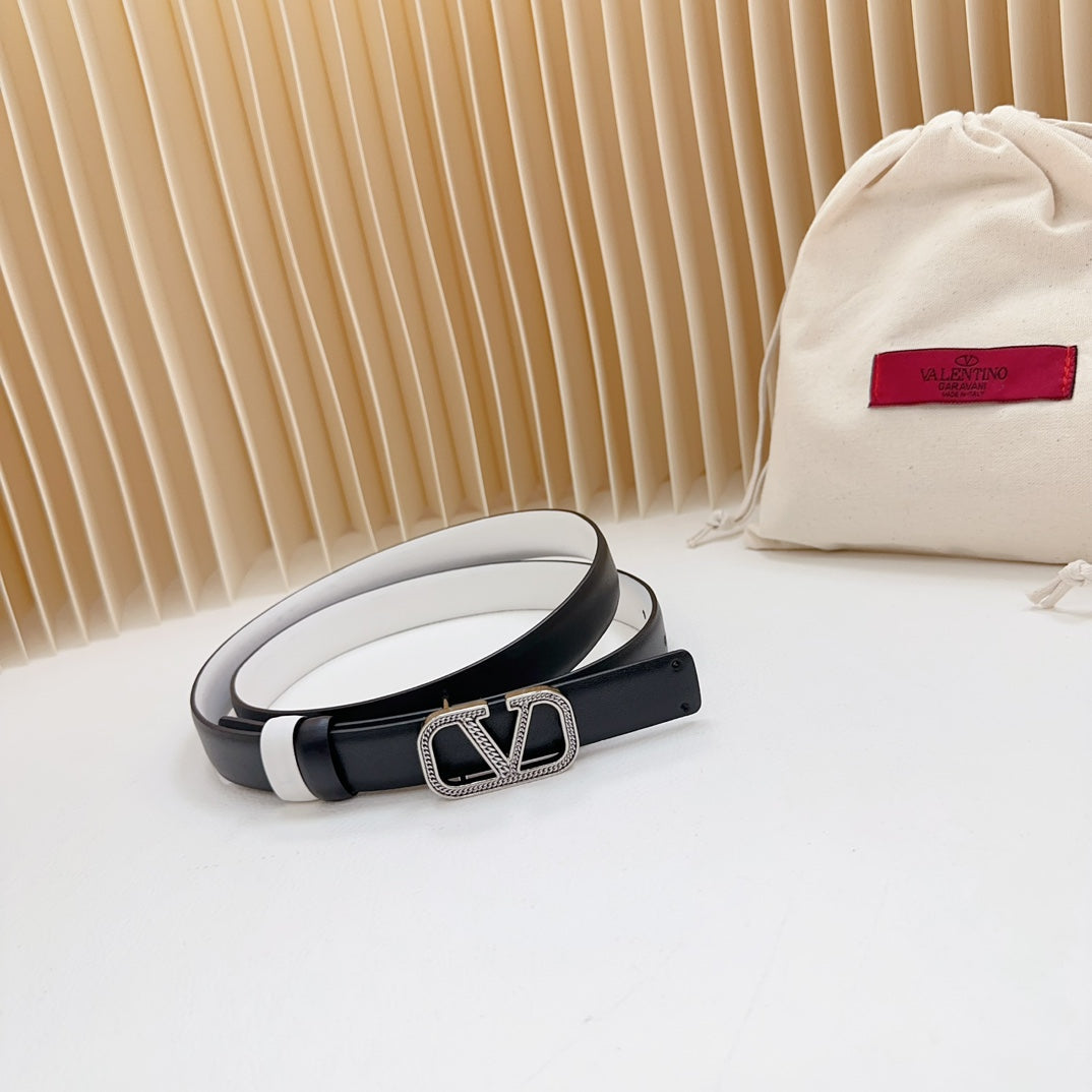 Vlogo Buckle Water Wave Silver Copper Glossy White Black Leather 20mm Belt - 30