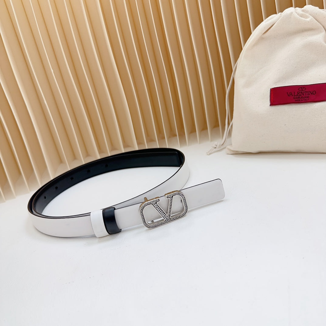 Vlogo Buckle Water Wave Silver Copper Glossy White Black Leather 20mm Belt - 30