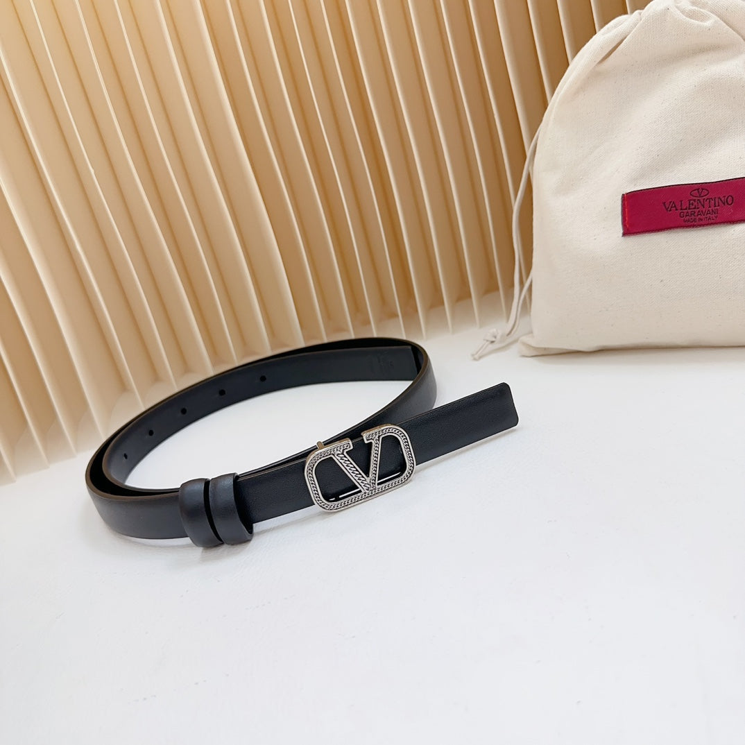 Vlogo Buckle Water Wave Silver Copper Glossy Black Leather 20mm Belt - 30