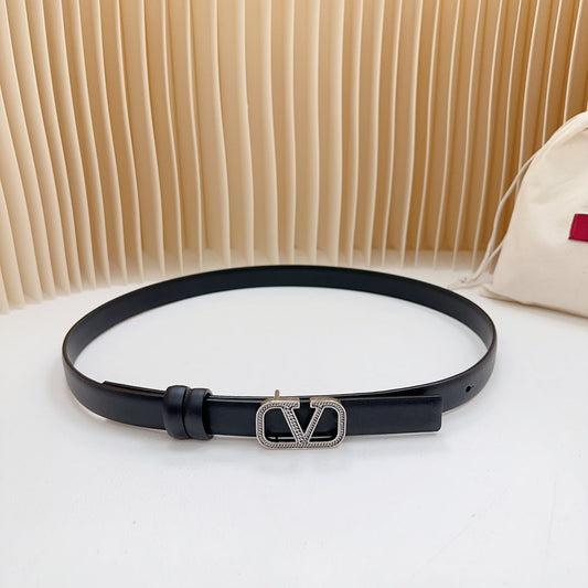 Vlogo Buckle Water Wave Silver Copper Glossy Black Leather 20mm Belt - 30