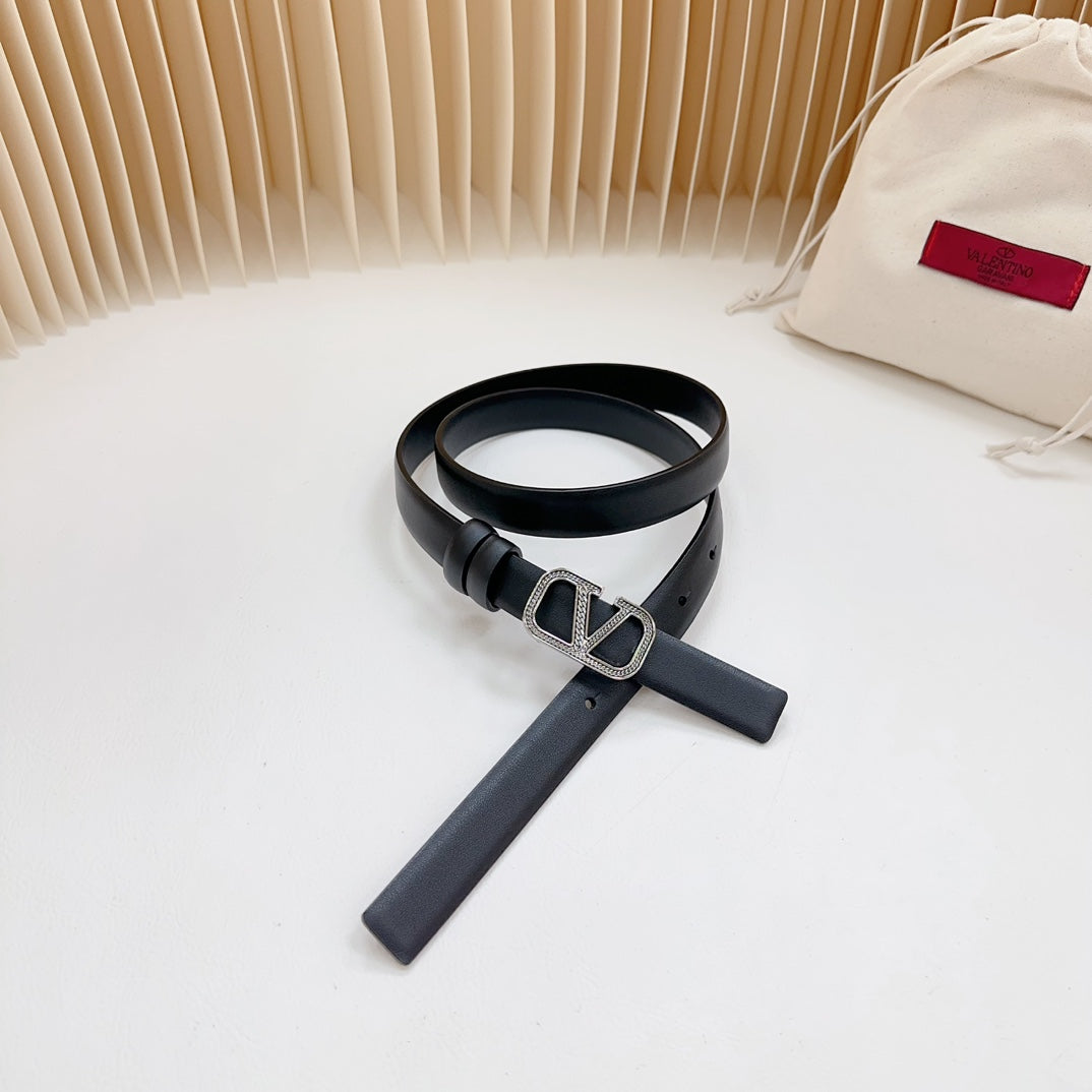 Vlogo Buckle Water Wave Silver Copper Glossy Black Leather 20mm Belt - 30