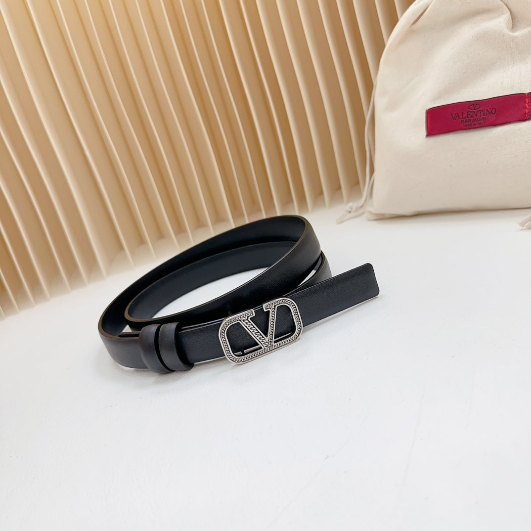Vlogo Buckle Water Wave Silver Copper Glossy Black Leather 20mm Belt - 30