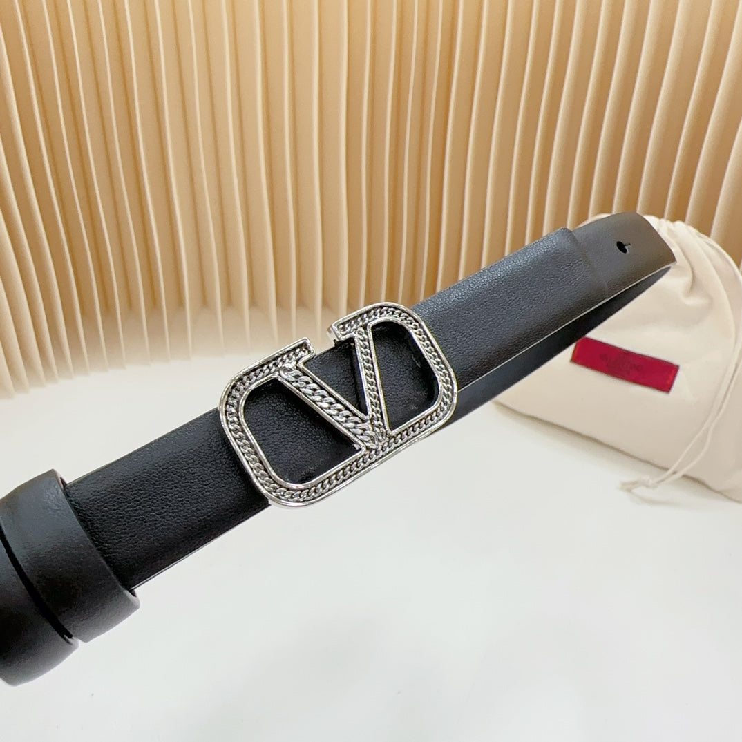Vlogo Buckle Water Wave Silver Copper Glossy Black Leather 20mm Belt - 30