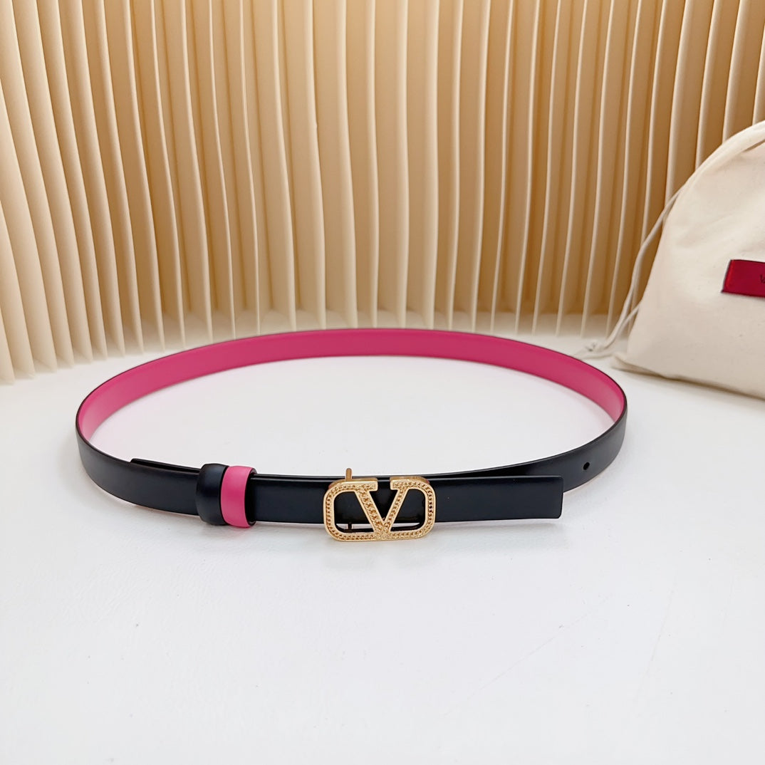 Vlogo Buckle Water Wave Gold Copper Glossy Pink Black Leather 20mm Belt - 30