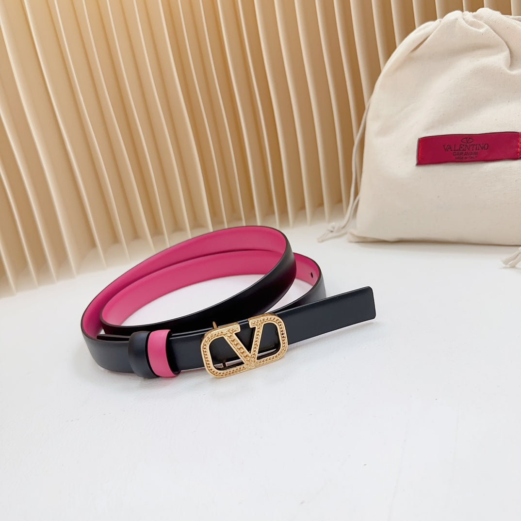 Vlogo Buckle Water Wave Gold Copper Glossy Pink Black Leather 20mm Belt - 30