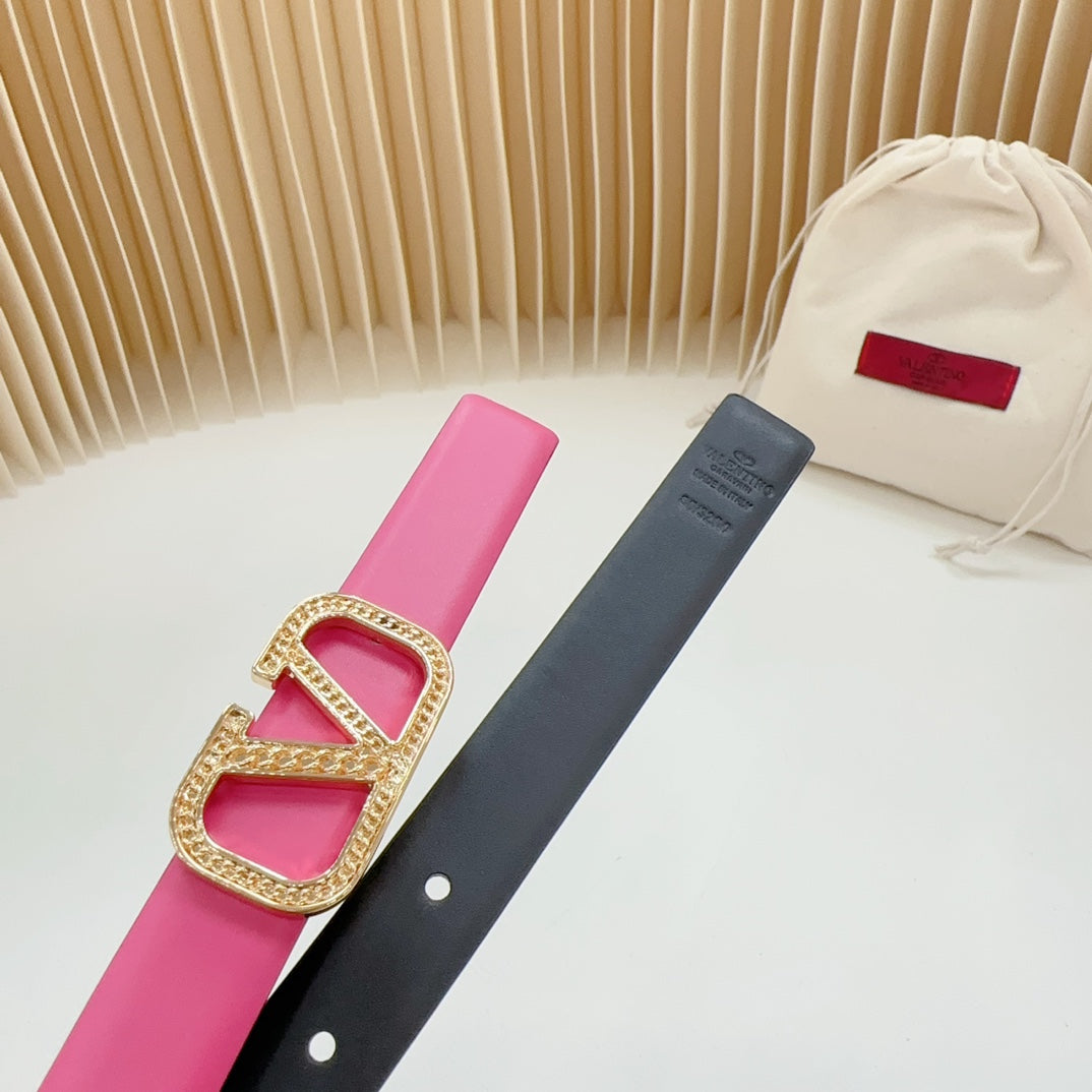 Vlogo Buckle Water Wave Gold Copper Glossy Pink Black Leather 20mm Belt - 30