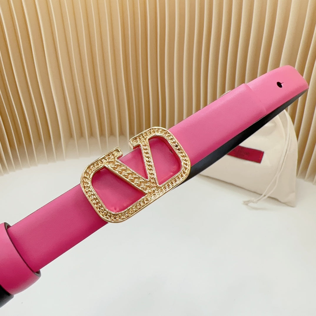 Vlogo Buckle Water Wave Gold Copper Glossy Pink Black Leather 20mm Belt - 30